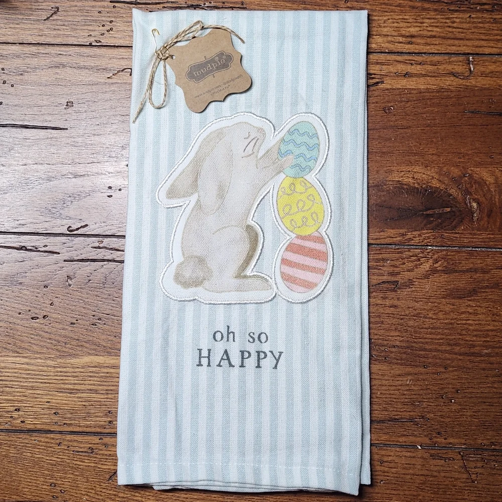 Mud Pie Bunny with Egg Appliqué Easter Kitchen Towel “Oh So Happy” NWT Spring